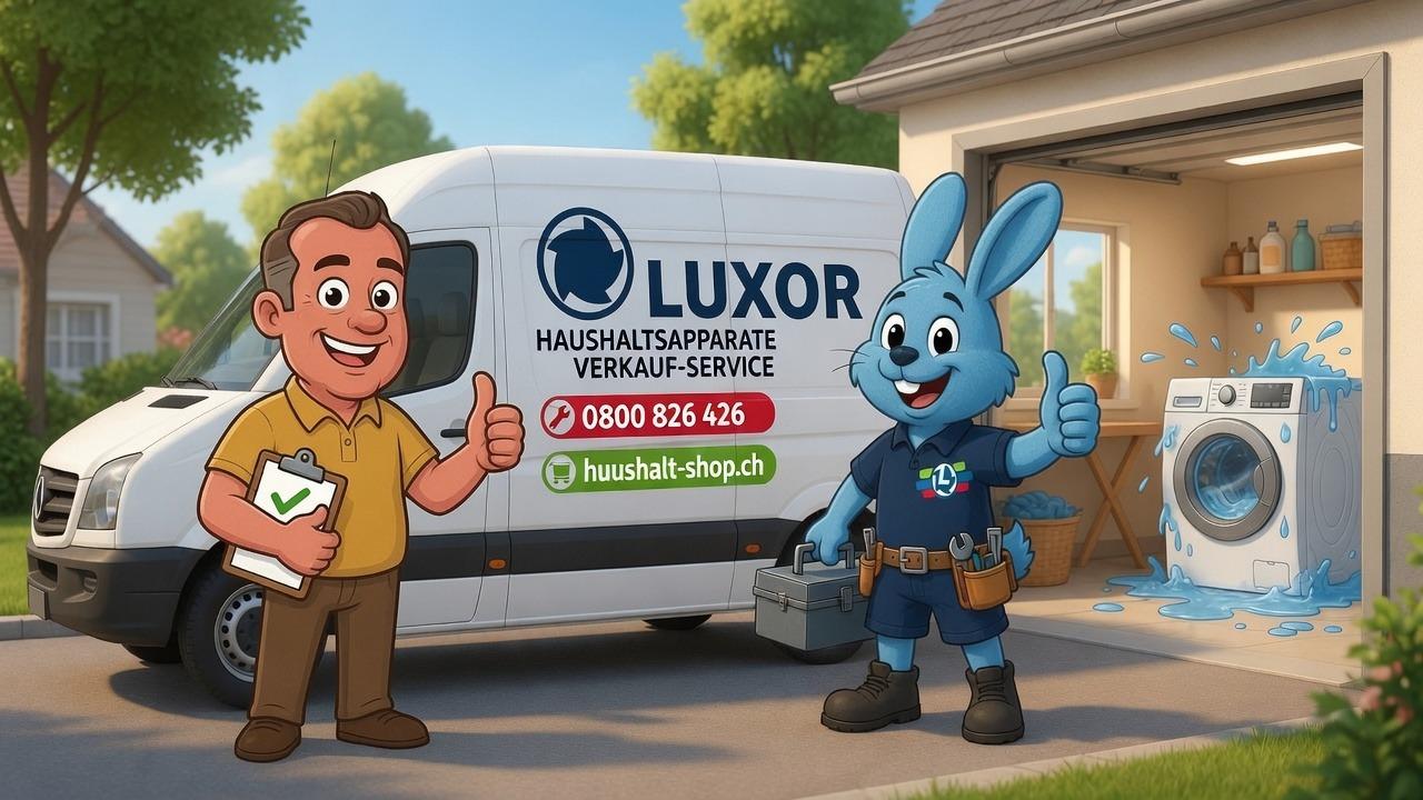 Lu und zufriedener Kunde vor dem Luxor-Servicewagen an der Waschküche